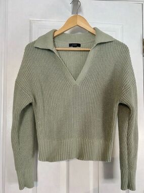 J. Crew Sage Green V Neck Ribbed Cotton Johnny Collar Sweater Polo Knit Medium